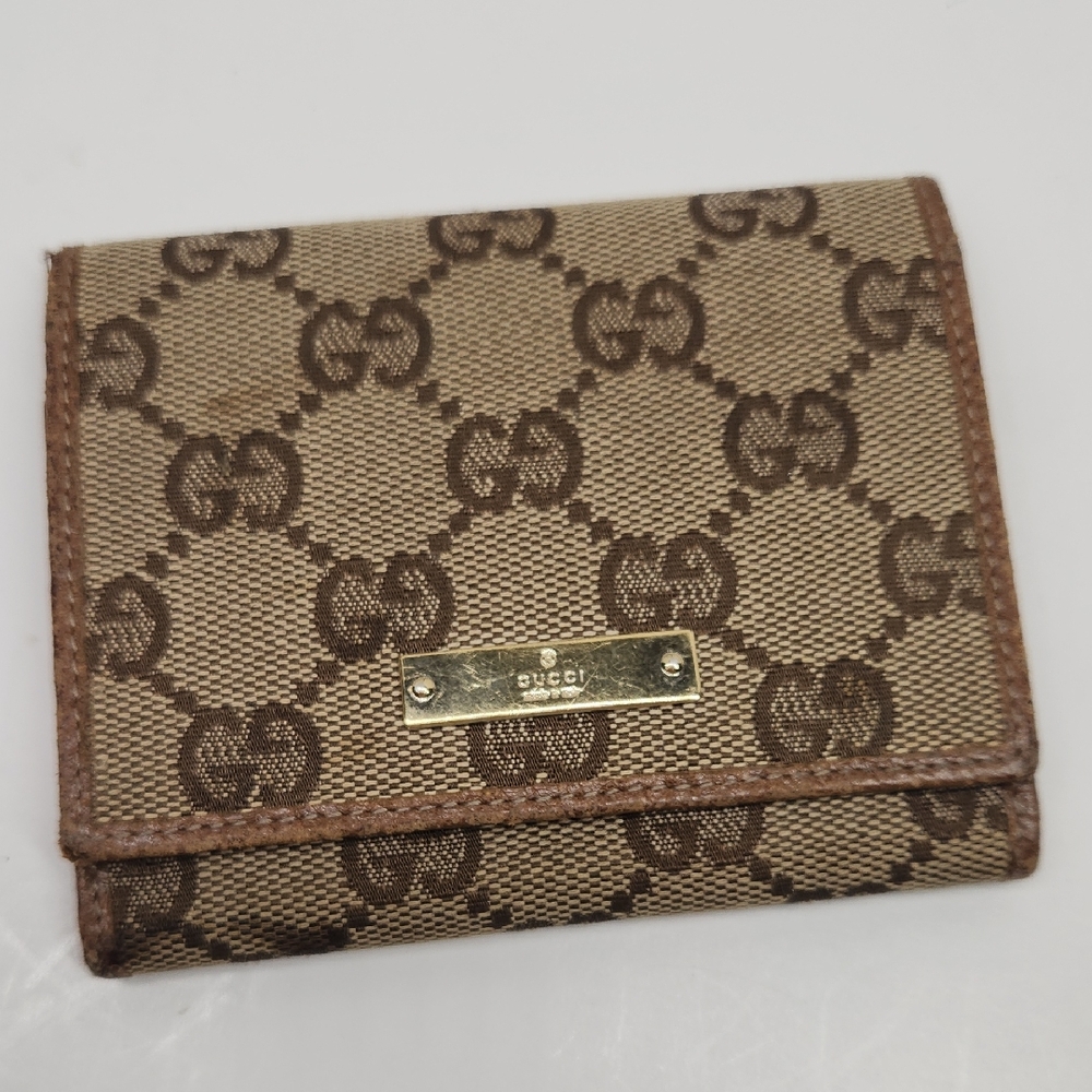 Gucci Beige/Tan GG Canvas Trifold Wallet with Gold Plaque